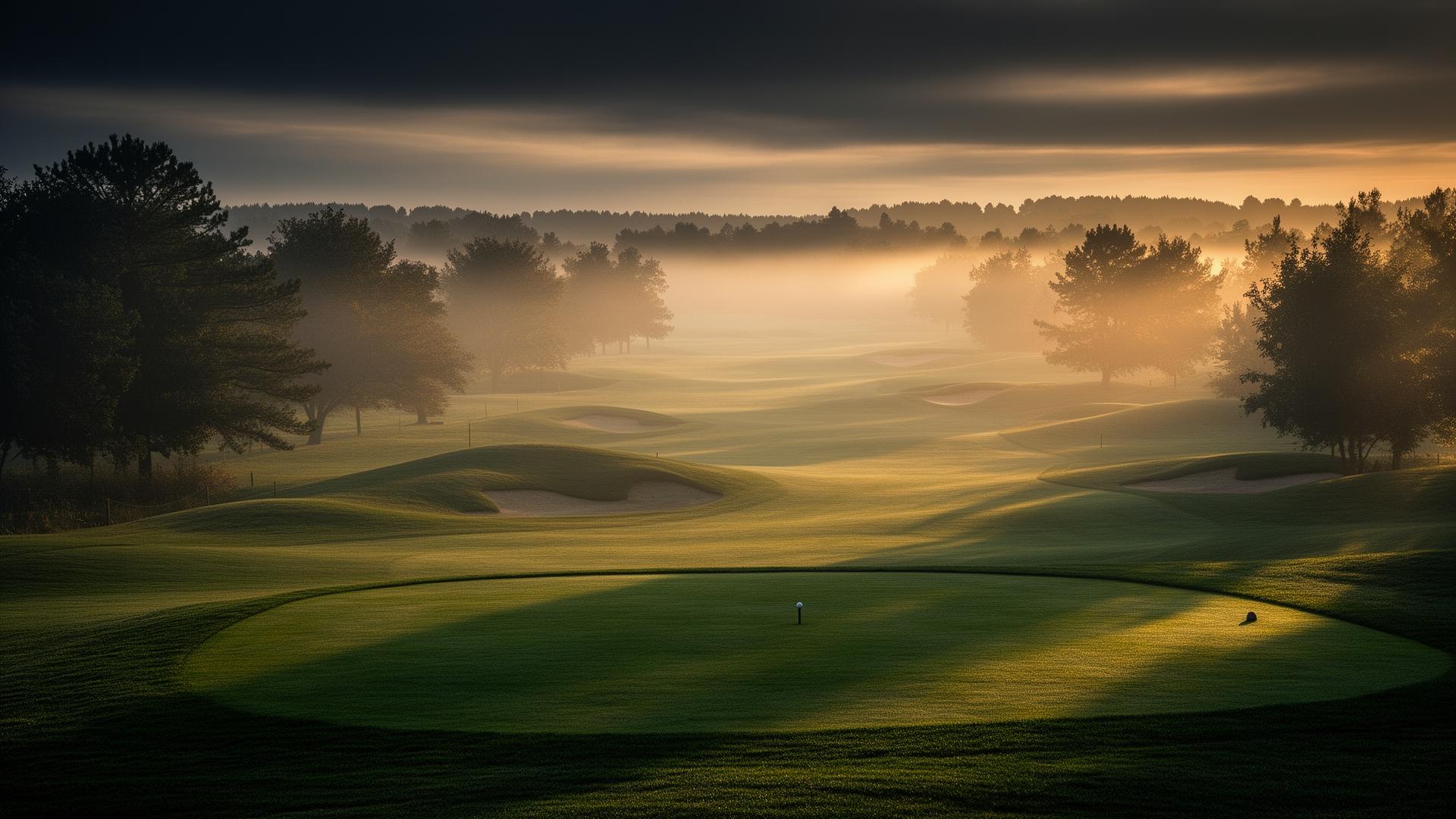 A golf course at misty dawn, rolling fairways in soft golden light